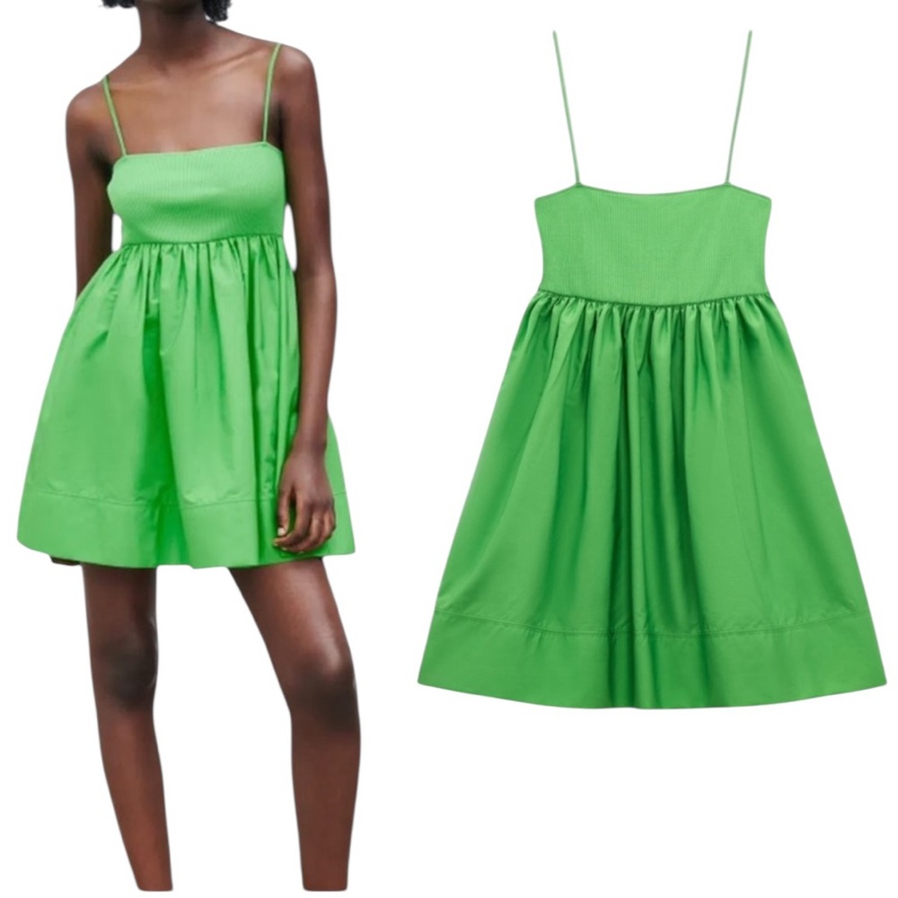 Zara Green Poplin & Ribbed Knit Contrasting Voluminous Babydoll Mini Dress - L